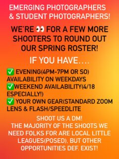 Spring season is BUSY over at Active Image Media!! 

If you(or someone you know) fits most or all of the criteria above, please reach out! (this is 💰 work, by the way!)
Again, the majority of the shoots we need folks on are posed little league photos(individual players and team photos), but opportunities for other types of shoots definitely exist!
